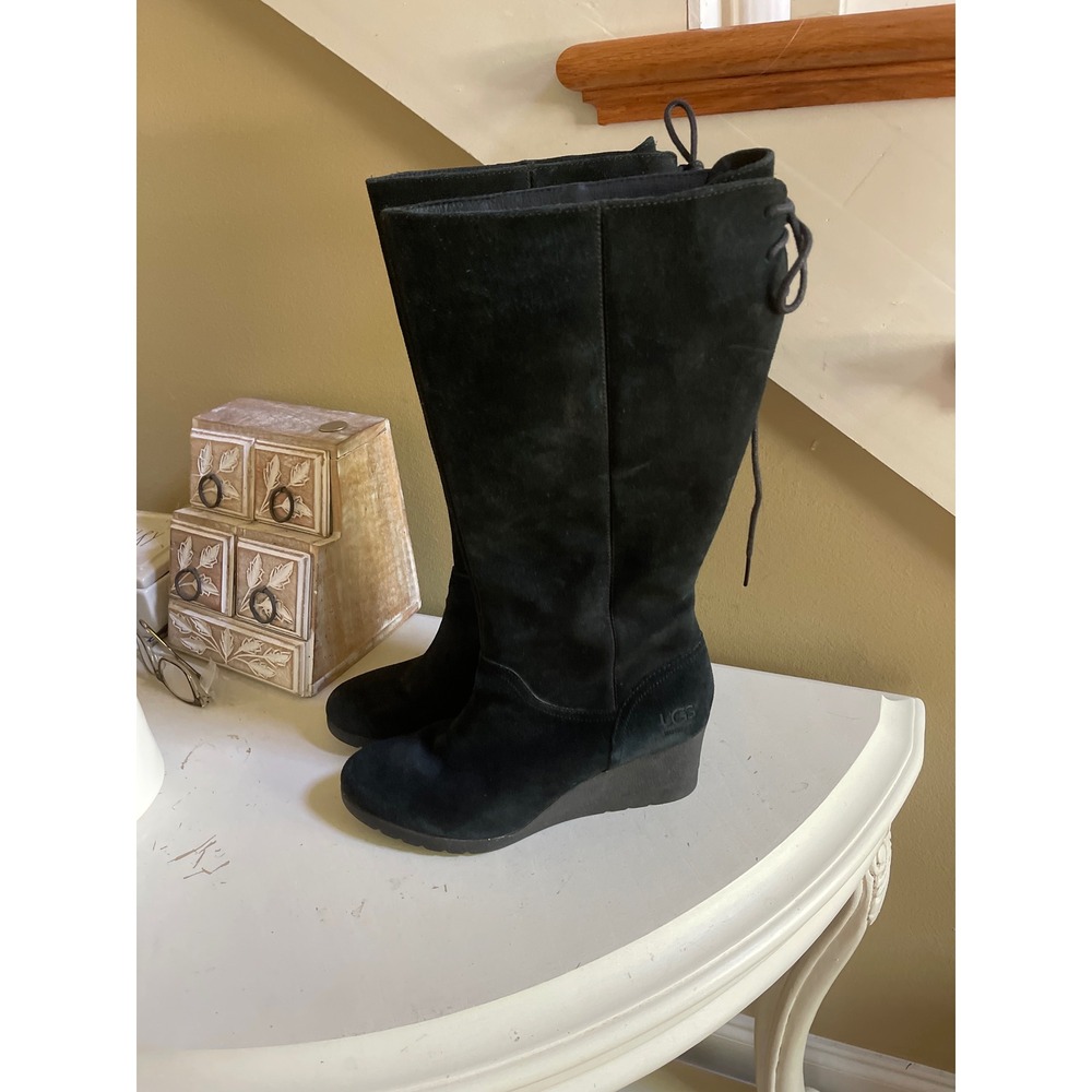 UGG Dawna  Black Waterproof Suede Tall Wedge Boots Back Lace Up Womens 9